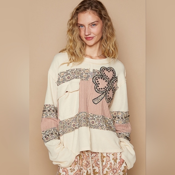 POL Tops - POL Floral shamrock Patchwork Cream and Pink oversized top